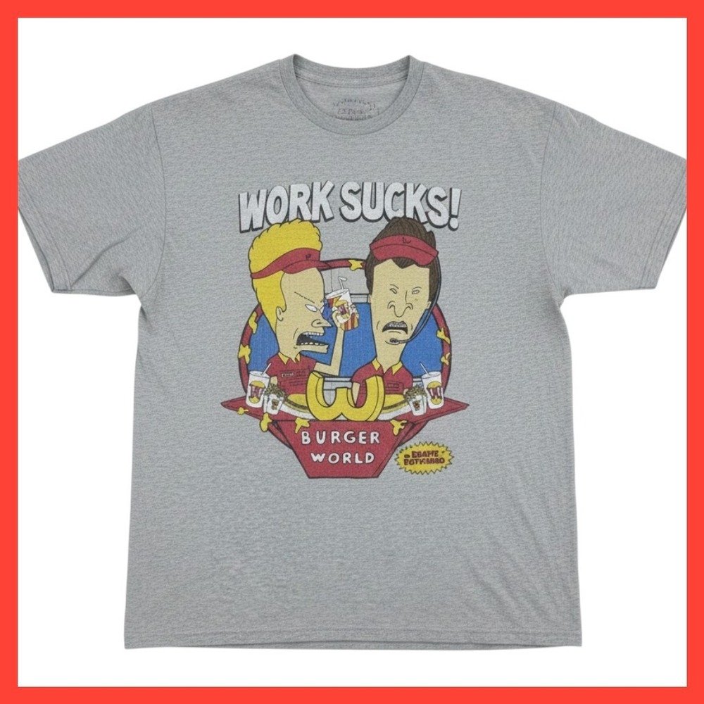 Beavis and Butt-Head Work Sucks Burger World Graphic Tee Heather Gray Large